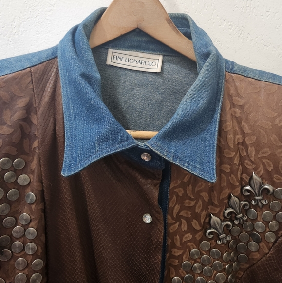 Fini Lignarolo | Vintage '80s Denim & Leather Western Shirt Jacket - Picture 4 of 9